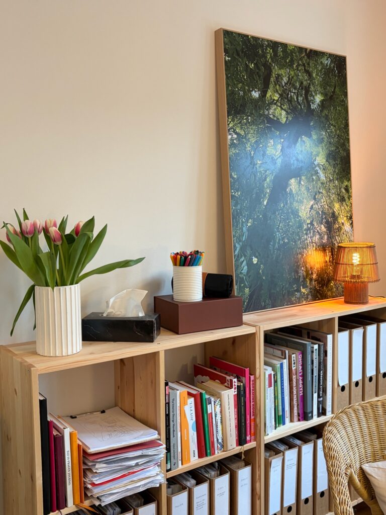 Ein helles Holzregal mit zwei Ebenen. Oben stehen eine Vase mit Tulpen, eine Taschentuchbox und eine Stiftebox; unten sind diverse Bücher und beschriftete Stehordner einsortiert.