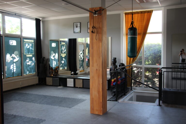 Heller, weitläufiger Trainingsraum mit grauen Matten, einem grünen Boxsack, großen Fenstern und einer chinesischen Krieger-Statue in der Ecke.