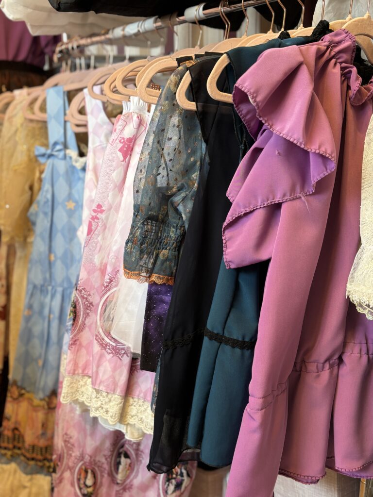 Eine Kleiderstange mit verschiedenen bunten Lolita-Kleidern in Blau, Pink, Schwarz und Violett mit verschiedenen Mustern und Rüschen.