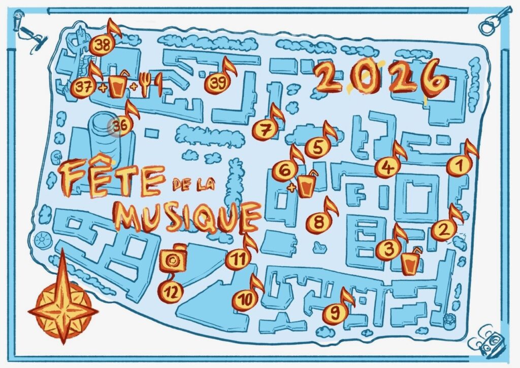 Illustrierter Lageplan der F&ecirc;te de la Musique 2026 mit nummerierten Musikstandorten in der Jenaer Innenstadt