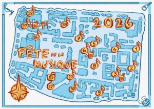 Illustrierter Lageplan der Fête de la Musique 2026 mit nummerierten Musikstandorten in der Jenaer Innenstadt